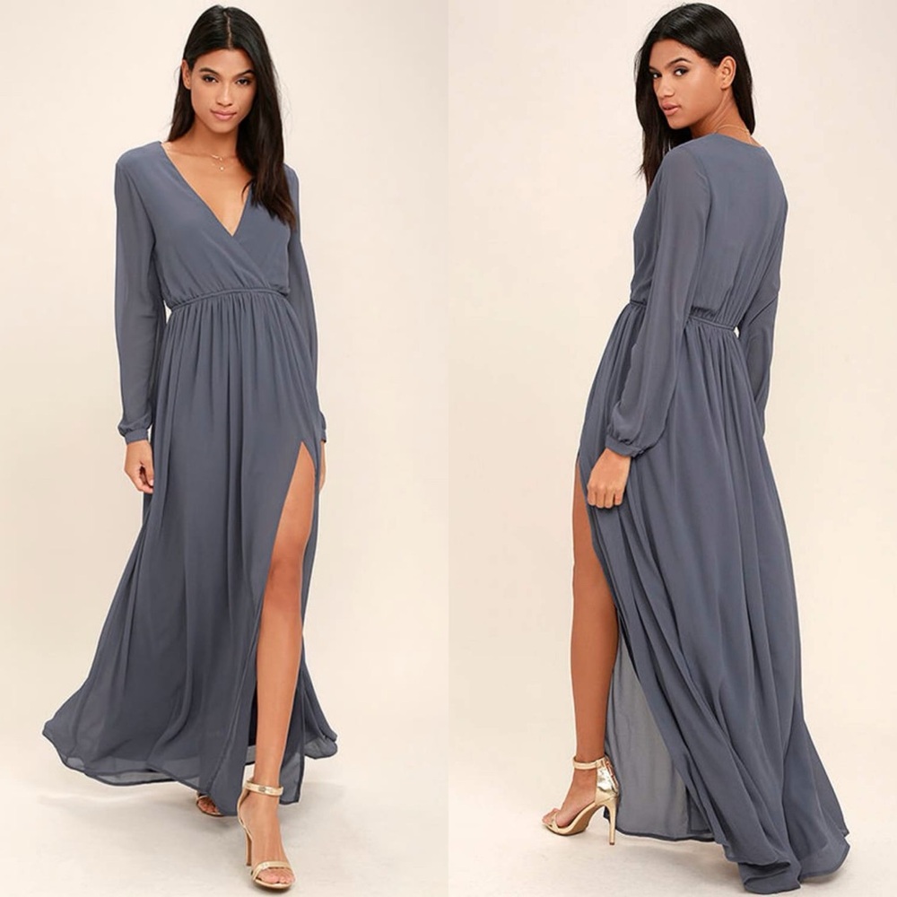 Lulus | Wondrous Water Lilies Slate Grey Long Sleeve Maxi Dress